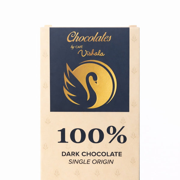 100% dark chocolate single origin bar packaging with visible brand logo on a white background