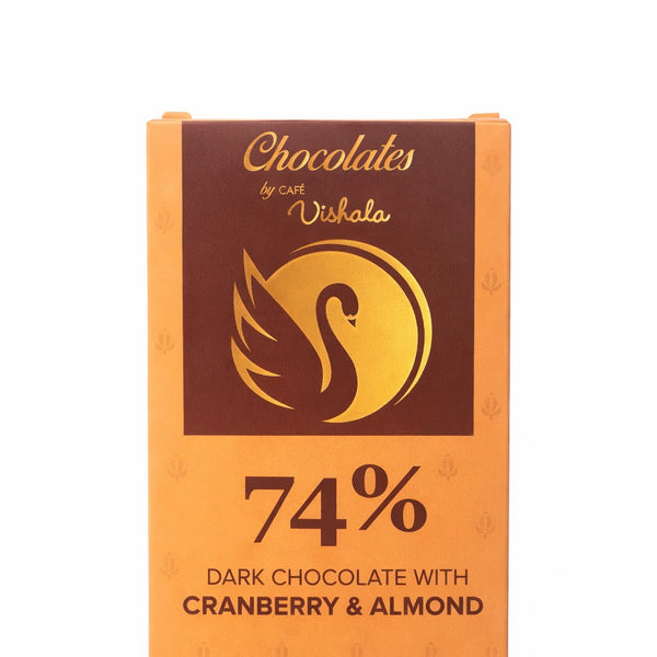 Box of 74% dark chocolate with cranberry & almond from Chocolates by Cafe Vivaha on a white background